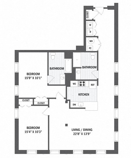 Floor plan for 2 beds, 2 baths, 1310 sqft